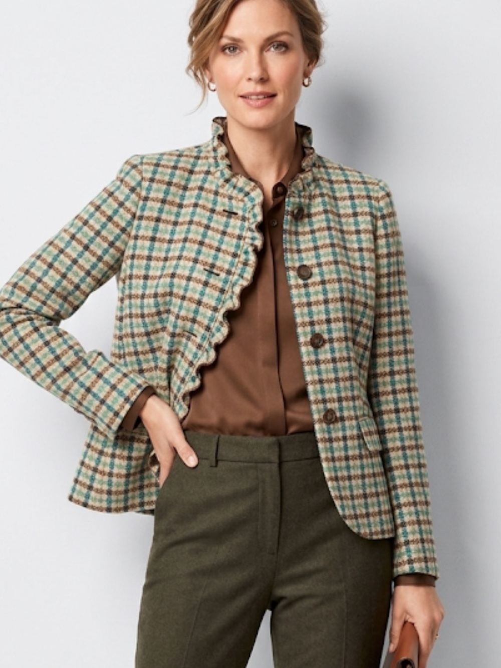 Talbots Green Cream Plaid Ruffle Trim Blazer Wool Petite 6P Elbow Patch